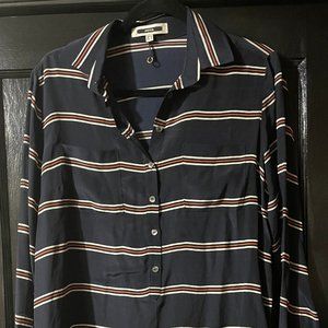 Ipekyol 100% SILK Luxury Striped Navy Blue Blouse Oversize Two Breast Pockets